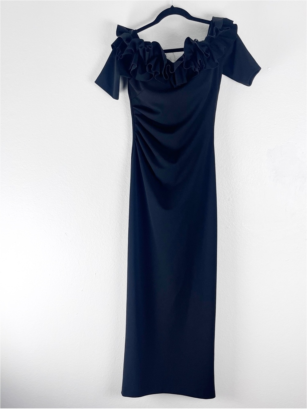 XSCAPE Black Petite Isla Scuba Crepe Off Shoulders Ruffle Back Split Dress 8